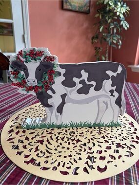 Festive Cow Tabletop Decor - Black & White with Holiday Wreath